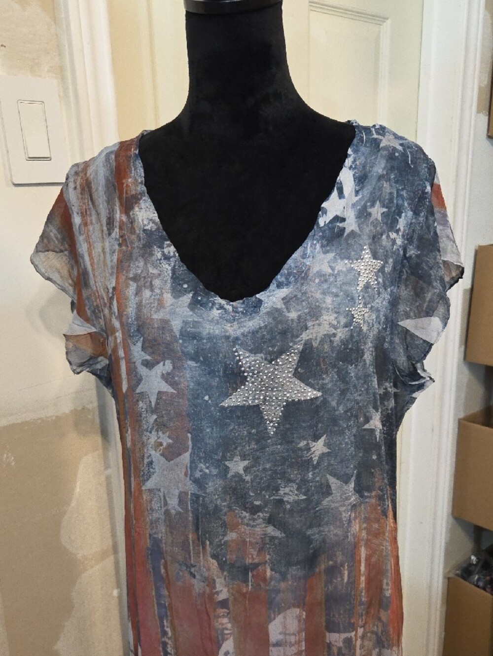 Patriotic America Maxi Dress Red White Blue Rhinestone Star V-Neck Ruffled Hem - Picture 2 of 11